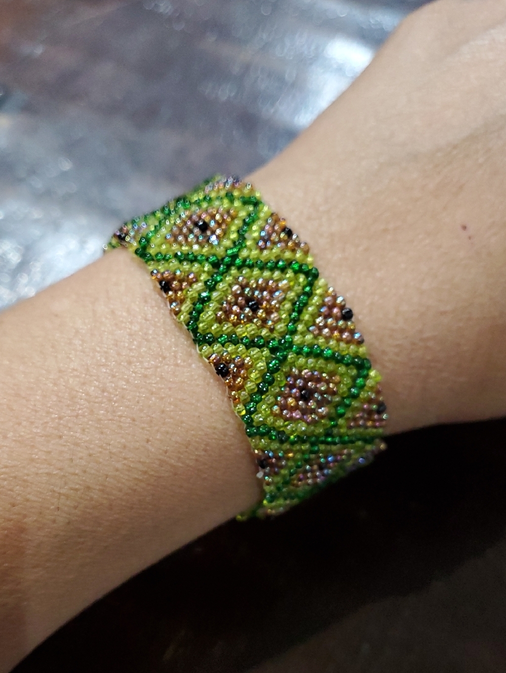 Vintage Green and Brown  Purple Seed Bead Diamond-Pattern Bracelet Handmade Art